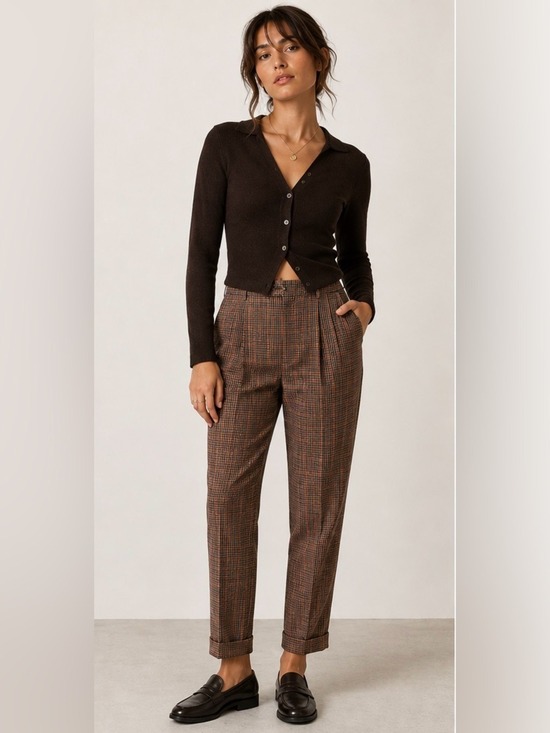 Reiss Pants - Reiss Brown Orange Mini Plaid Cuffed Tapered Trousers Pants 
Size 30